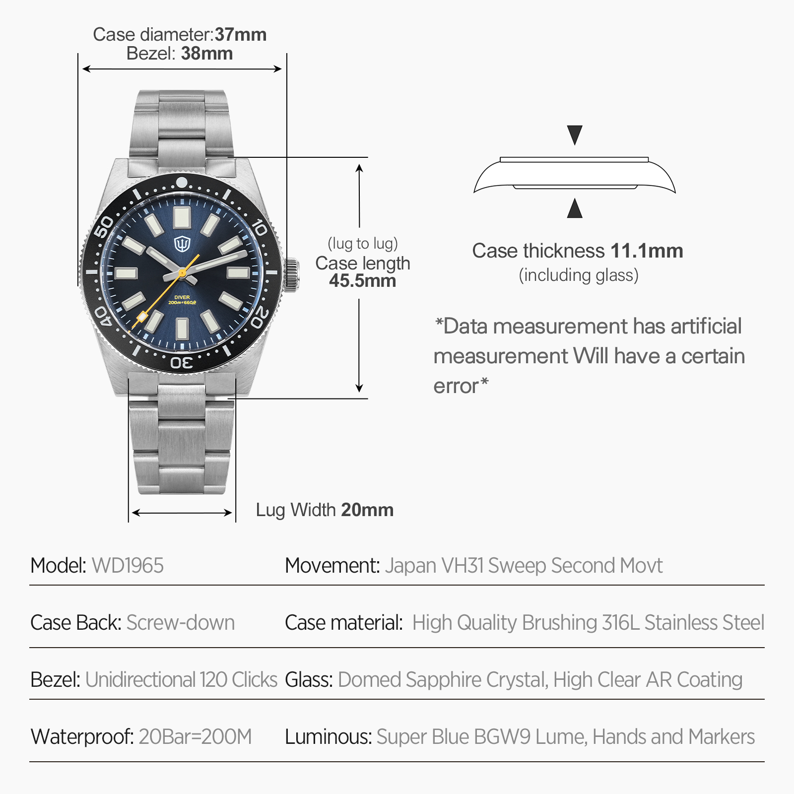 Watchdives 37Mm WD1965 V2 Man  - Luxury Watch Men recensie en prijs
